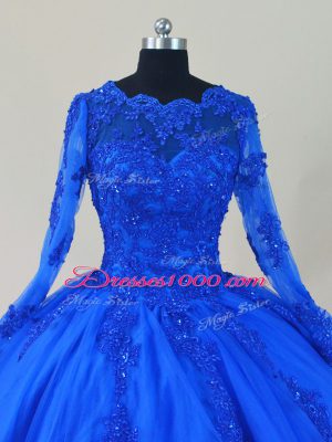 Tulle Scalloped Long Sleeves Zipper Lace and Appliques 15th Birthday Dress in Royal Blue