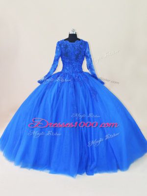 Tulle Scalloped Long Sleeves Zipper Lace and Appliques 15th Birthday Dress in Royal Blue