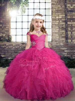 Eye-catching Fuchsia Ball Gowns Straps Sleeveless Tulle Floor Length Lace Up Beading and Ruffles Juniors Party Dress