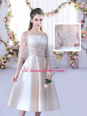 Nice Champagne Satin Lace Up Dama Dress Half Sleeves Tea Length Lace and Belt
