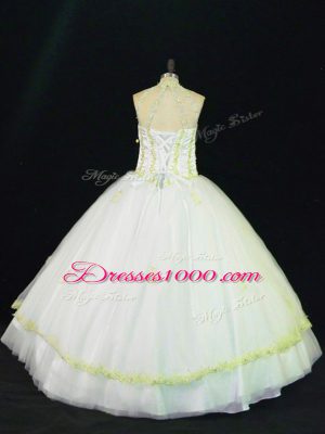 Yellow And White Lace Up Quinceanera Gowns Appliques Sleeveless Floor Length