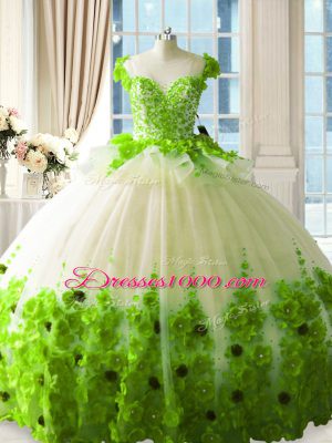 Custom Designed Tulle Sleeveless Floor Length 15 Quinceanera Dress and Hand Made Flower