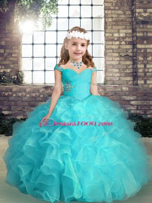 Aqua Blue Ball Gowns Organza Straps Sleeveless Beading and Ruffles High Low Lace Up Little Girl Pageant Gowns