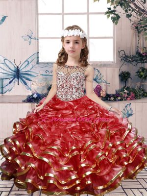 Modern Beading and Ruffles Little Girl Pageant Dress Red Lace Up Sleeveless Floor Length