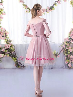 Pink Half Sleeves Knee Length Belt Lace Up Quinceanera Court of Honor Dress