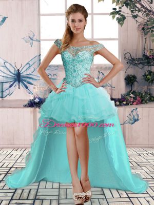 Aqua Blue Sleeveless High Low Beading and Ruffles Lace Up Pageant Dress for Teens