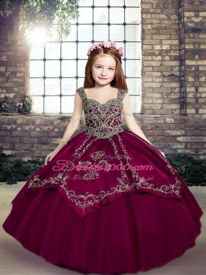 Fuchsia Ball Gowns Embroidery Little Girls Pageant Dress Lace Up Tulle Sleeveless Floor Length