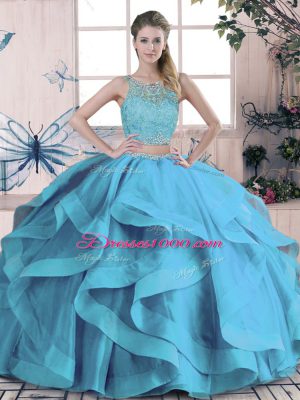 Best Floor Length Two Pieces Sleeveless Blue Sweet 16 Quinceanera Dress Lace Up