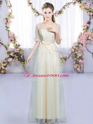 Admirable Scoop Half Sleeves Lace Up Bridesmaids Dress Champagne Tulle