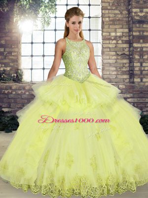 Customized Yellow Sleeveless Floor Length Lace and Embroidery and Ruffles Lace Up Quinceanera Gowns