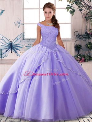 Fashion Lace Up Vestidos de Quinceanera Lavender for Military Ball and Sweet 16 and Quinceanera with Beading Brush Train