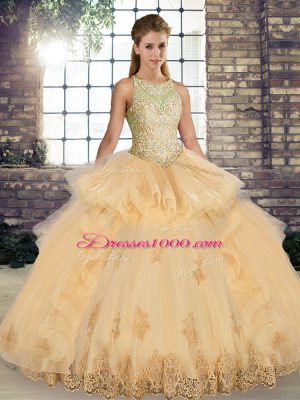 Latest Tulle Sleeveless Floor Length Vestidos de Quinceanera and Lace and Embroidery and Ruffles