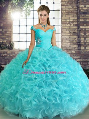 Fabulous Aqua Blue Sleeveless Floor Length Beading Lace Up Vestidos de Quinceanera