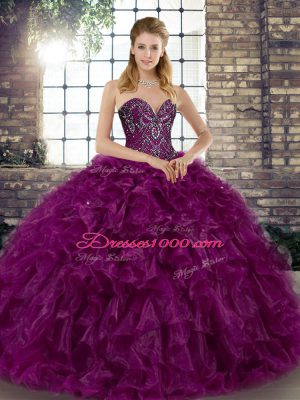 Organza Sweetheart Sleeveless Lace Up Beading and Ruffles Quinceanera Dresses in Purple