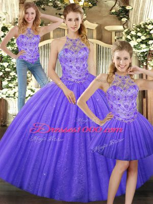 Sexy Lavender Three Pieces Halter Top Sleeveless Tulle Floor Length Lace Up Beading Sweet 16 Dress