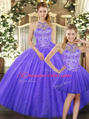 Sexy Lavender Three Pieces Halter Top Sleeveless Tulle Floor Length Lace Up Beading Sweet 16 Dress