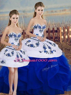 Royal Blue Lace Up Sweetheart Embroidery and Ruffles and Bowknot Quinceanera Gown Tulle Sleeveless