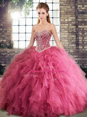 Watermelon Red Tulle Lace Up Sweetheart Sleeveless Floor Length Quinceanera Dresses Beading and Ruffles
