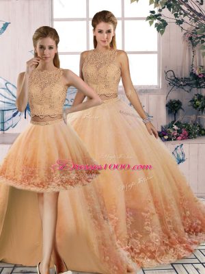 Attractive Peach Three Pieces Scalloped Sleeveless Tulle Sweep Train Backless Lace Sweet 16 Quinceanera Dress