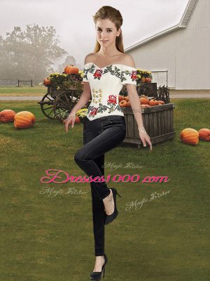 White And Red Off The Shoulder Lace Up Embroidery and Ruffles Sweet 16 Dress Sleeveless