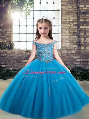 Baby Blue Sleeveless Tulle Lace Up Girls Pageant Dresses for Party and Wedding Party