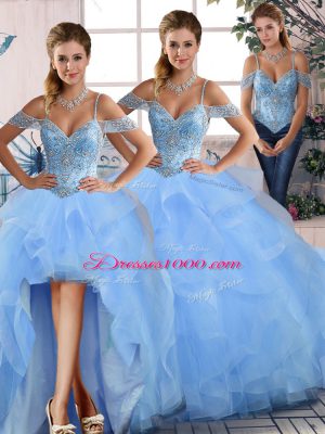 High Quality Sleeveless Floor Length Beading and Ruffles Lace Up Quinceanera Dresses with Blue