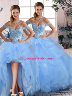 High Quality Sleeveless Floor Length Beading and Ruffles Lace Up Quinceanera Dresses with Blue