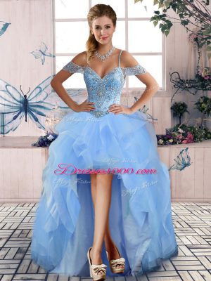 High Quality Sleeveless Floor Length Beading and Ruffles Lace Up Quinceanera Dresses with Blue