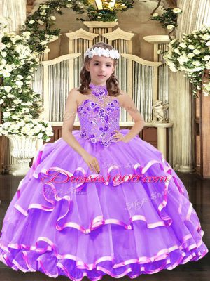 Attractive Lavender Sleeveless Floor Length Appliques and Ruffled Layers Lace Up Little Girl Pageant Dress