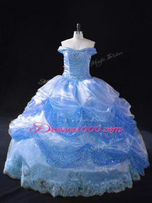 Blue Ball Gowns Organza Off The Shoulder Sleeveless Beading and Appliques Floor Length Lace Up Quinceanera Dresses
