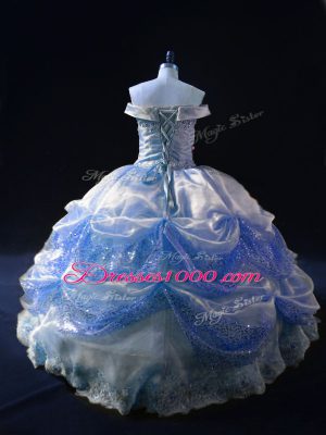 Blue Ball Gowns Organza Off The Shoulder Sleeveless Beading and Appliques Floor Length Lace Up Quinceanera Dresses