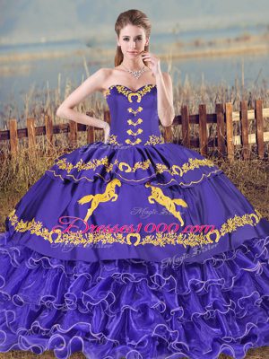 Purple Lace Up Sweetheart Embroidery and Ruffled Layers Vestidos de Quinceanera Organza Sleeveless Brush Train