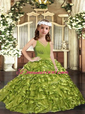 Fashion Sleeveless Floor Length Ruffles Zipper Little Girl Pageant Dress with Olive Green