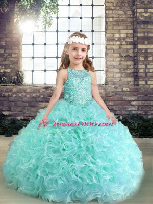 Scoop Sleeveless Little Girls Pageant Gowns Floor Length Beading Apple Green Fabric With Rolling Flowers