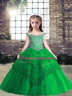 Custom Made Floor Length Green Custom Made Pageant Dress Tulle Sleeveless Beading and Lace and Appliques