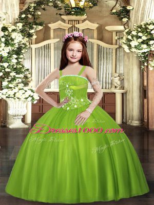 Low Price Straps Sleeveless Girls Pageant Dresses Floor Length Beading Olive Green Tulle