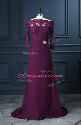 Scalloped Sleeveless Brush Train Zipper Prom Dress Purple Chiffon