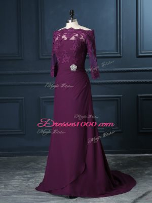 Scalloped Sleeveless Brush Train Zipper Prom Dress Purple Chiffon