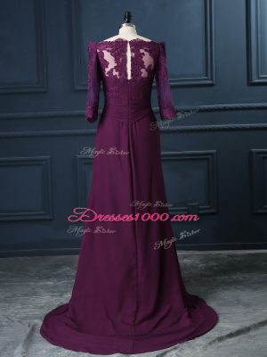 Scalloped Sleeveless Brush Train Zipper Prom Dress Purple Chiffon