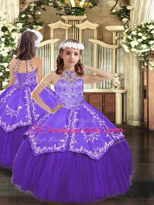 Purple Ball Gowns Halter Top Sleeveless Satin and Tulle Floor Length Lace Up Beading and Embroidery Quinceanera Dresses