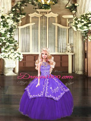 Purple Ball Gowns Halter Top Sleeveless Satin and Tulle Floor Length Lace Up Beading and Embroidery Quinceanera Dresses