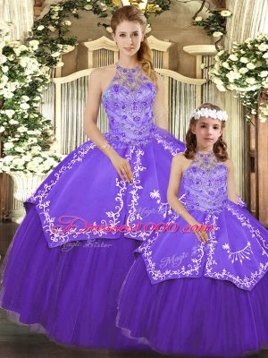 Purple Ball Gowns Halter Top Sleeveless Satin and Tulle Floor Length Lace Up Beading and Embroidery Quinceanera Dresses