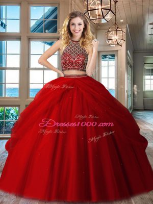 High End Sleeveless Floor Length Beading Backless Sweet 16 Quinceanera Dress with Red