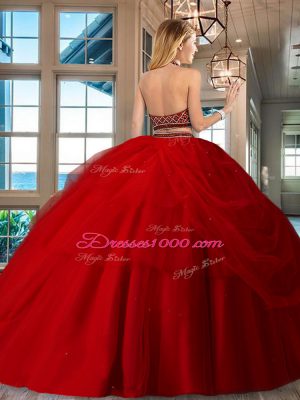 High End Sleeveless Floor Length Beading Backless Sweet 16 Quinceanera Dress with Red