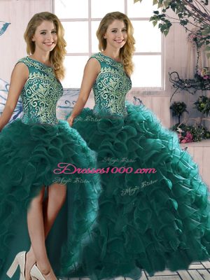 Charming Organza Scoop Sleeveless Lace Up Beading and Ruffles Sweet 16 Dress in Peacock Green