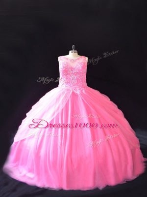 Deluxe Rose Pink Sleeveless Beading Lace Up Quince Ball Gowns
