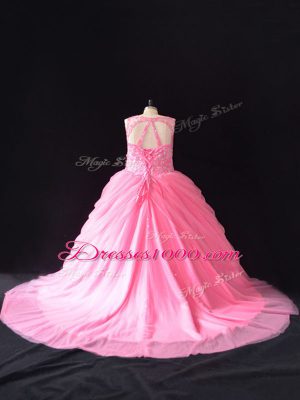 Deluxe Rose Pink Sleeveless Beading Lace Up Quince Ball Gowns