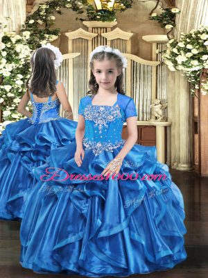 Baby Blue Organza Lace Up Little Girl Pageant Gowns Sleeveless Floor Length Beading and Ruffles
