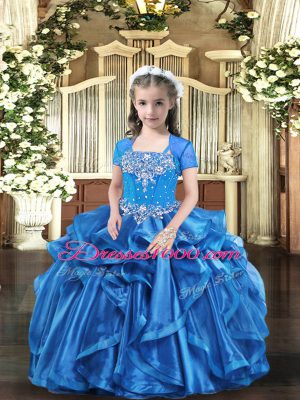 Baby Blue Organza Lace Up Little Girl Pageant Gowns Sleeveless Floor Length Beading and Ruffles