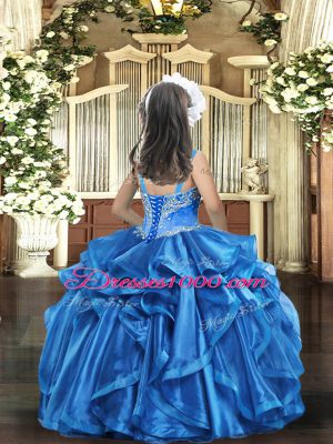 Baby Blue Organza Lace Up Little Girl Pageant Gowns Sleeveless Floor Length Beading and Ruffles